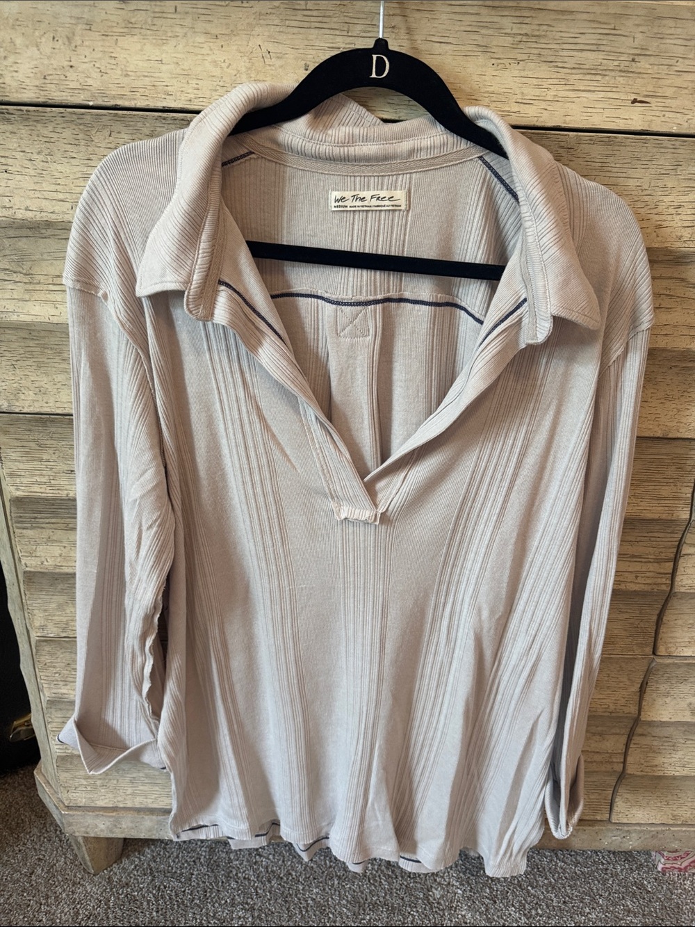 We The Free Ribbed Beige Open Collar Knit Top